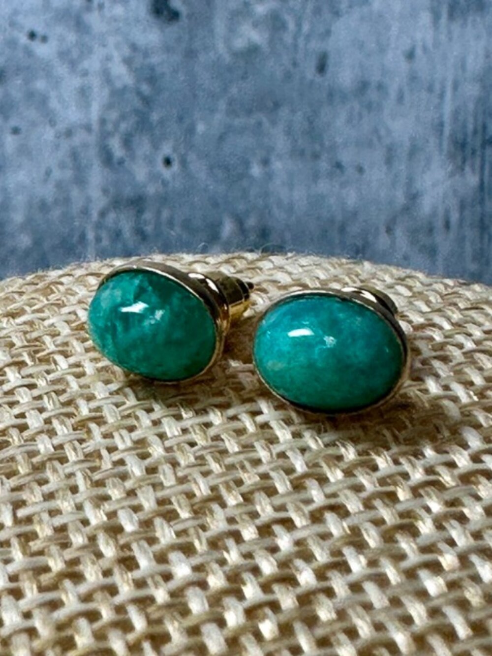 Vintage Wells Inc. 14k Yellow Gold and Green Amazonite Oval Cabochons Stud